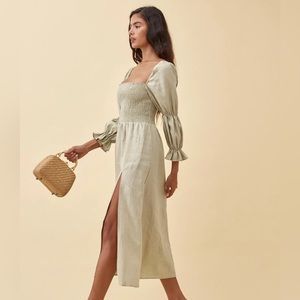 Reformation Hyland Sage green puff long sleeve linen dress XS